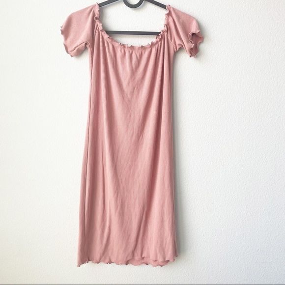 Heart & Hips | Off the shoulders Ribbed Mini Dress Lettuce Trim- Pink - Picture 3 of 4